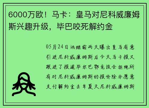 6000万欧!马卡:皇马对尼科威廉姆斯兴趣升级,毕巴咬死解约金